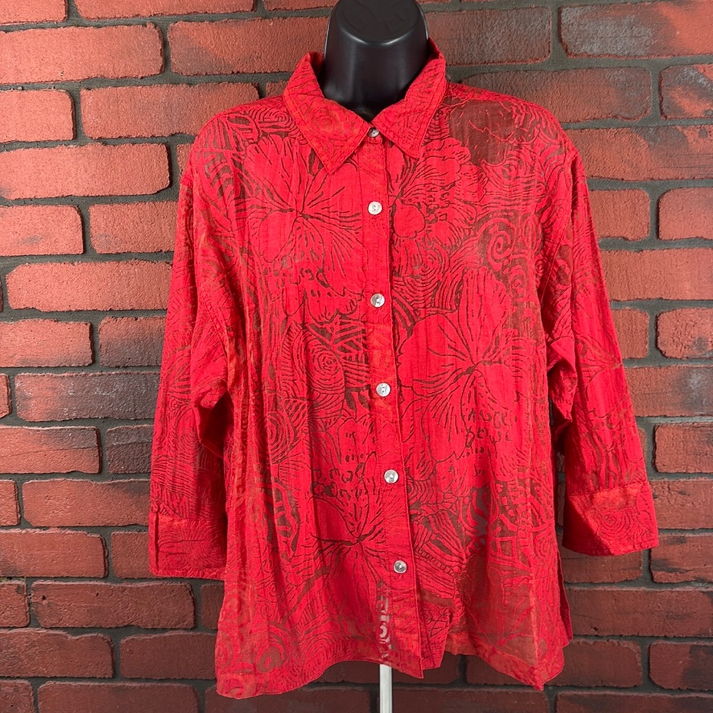 Chicos Shirt Womans 2 Red Lace Sheer